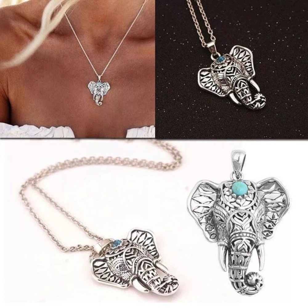 3 for $20 Elephant Turquoise Blue Silver Necklace - Picture 4 of 4